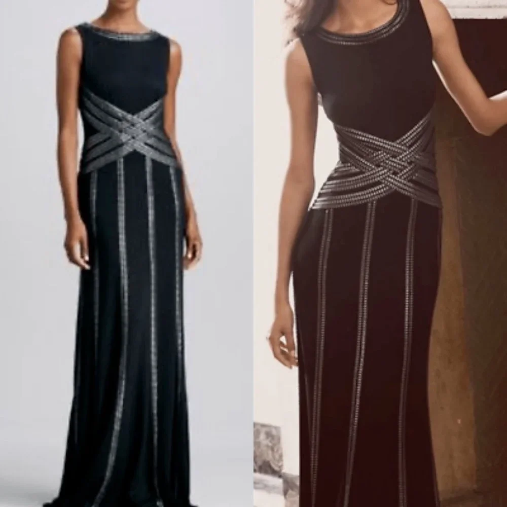 Tadashi Shoji Sleeveless Black Dress Silver Metallic Ribbon Trim Long Gown.  SZS